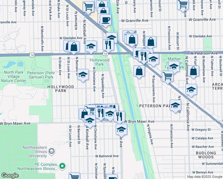 map of restaurants, bars, coffee shops, grocery stores, and more near 5751 North Jersey Avenue in Chicago