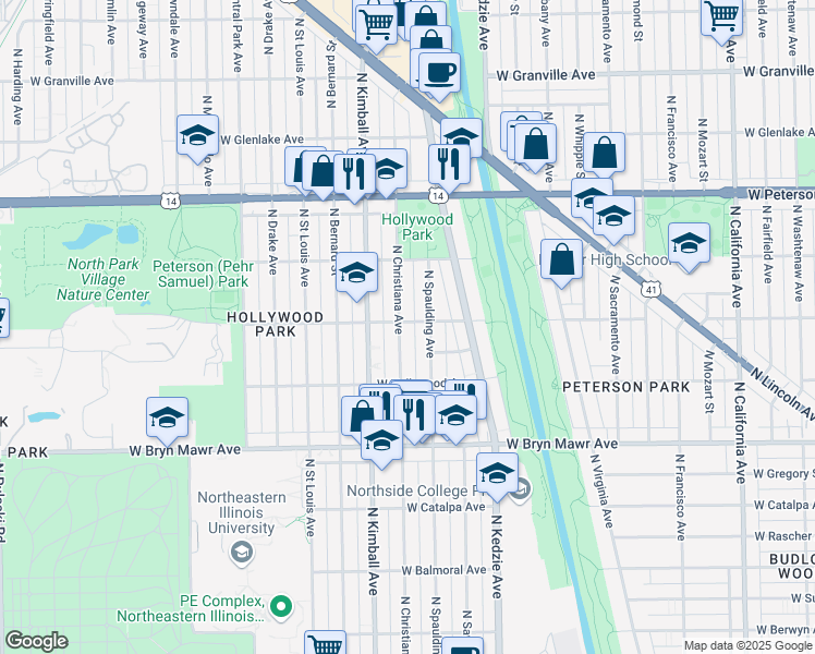 map of restaurants, bars, coffee shops, grocery stores, and more near 3325 West Ardmore Avenue in Chicago