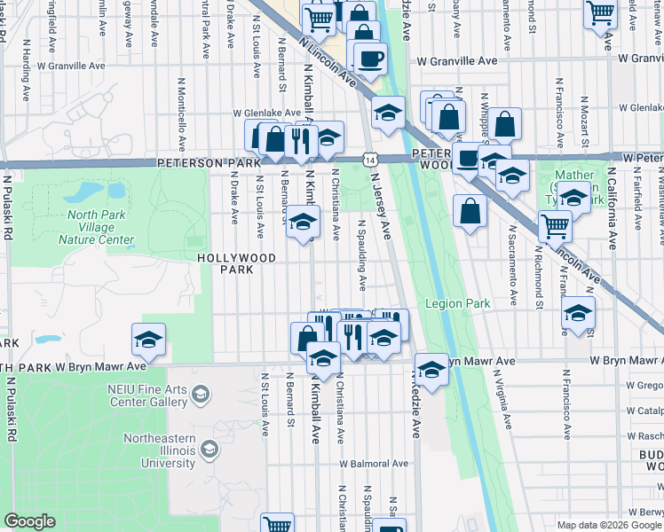 map of restaurants, bars, coffee shops, grocery stores, and more near 3325 West Ardmore Avenue in Chicago