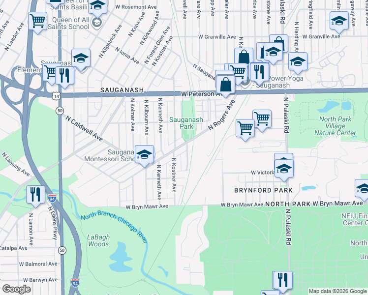 map of restaurants, bars, coffee shops, grocery stores, and more near 5808 North Rogers Avenue in Chicago