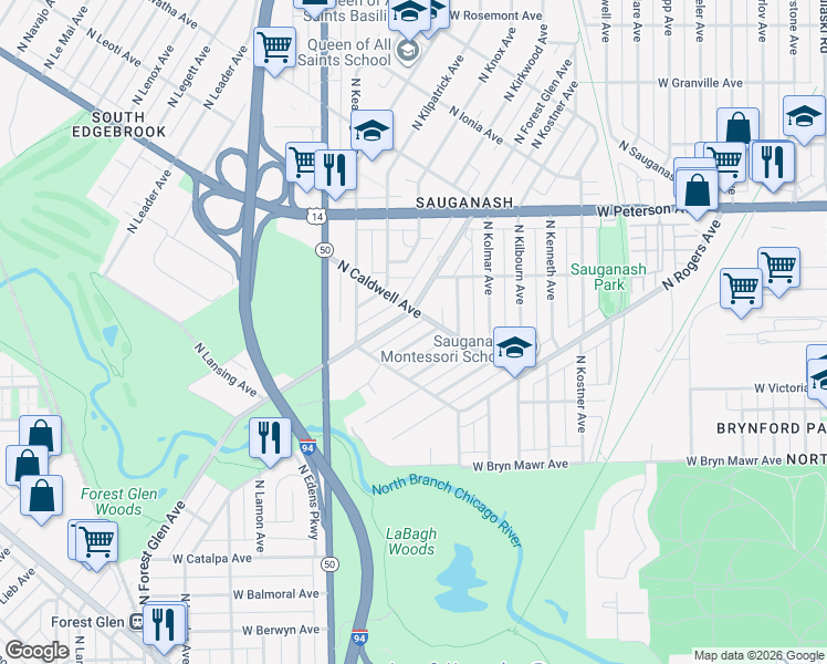 map of restaurants, bars, coffee shops, grocery stores, and more near 5829 North Forest Glen Avenue in Chicago
