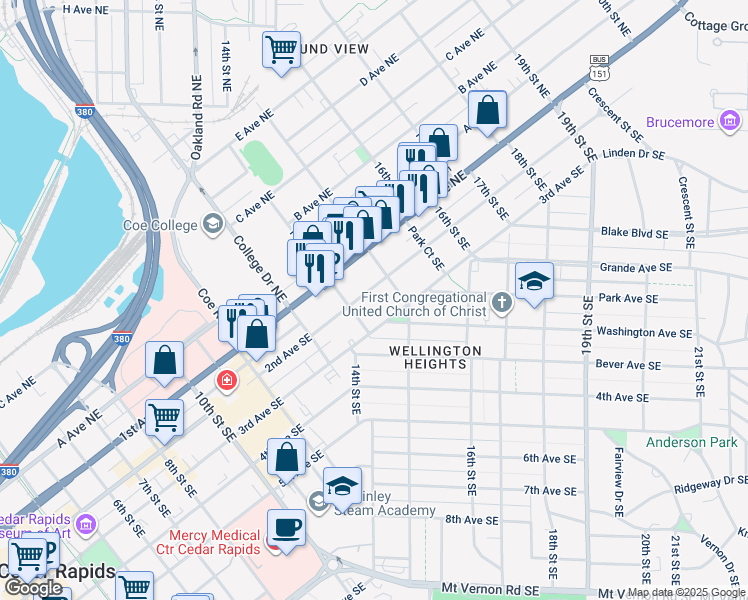 map of restaurants, bars, coffee shops, grocery stores, and more near 1432 3rd Ave SE in Cedar Rapids