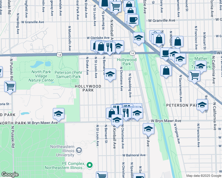 map of restaurants, bars, coffee shops, grocery stores, and more near 3403 West Ardmore Avenue in Chicago