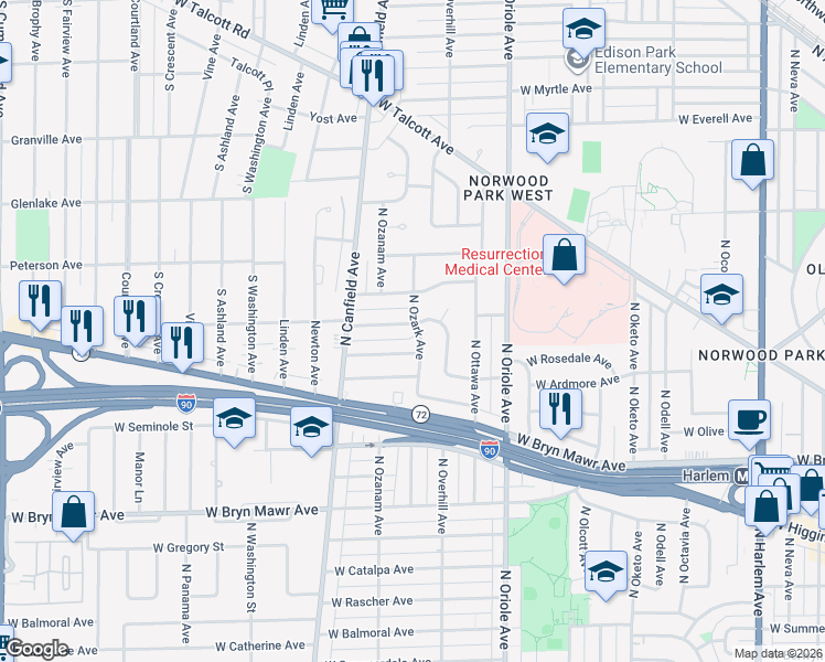 map of restaurants, bars, coffee shops, grocery stores, and more near 5820 North Ozark Avenue in Chicago