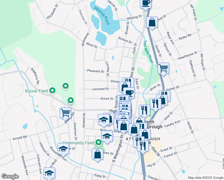 map of restaurants, bars, coffee shops, grocery stores, and more near 18 Leonard Street in North Attleborough