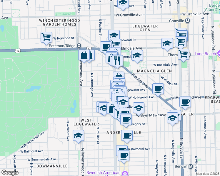 map of restaurants, bars, coffee shops, grocery stores, and more near 1621 West Edgewater Avenue in Chicago