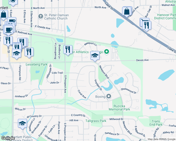 map of restaurants, bars, coffee shops, grocery stores, and more near 420 Harbor Terrace in Bartlett