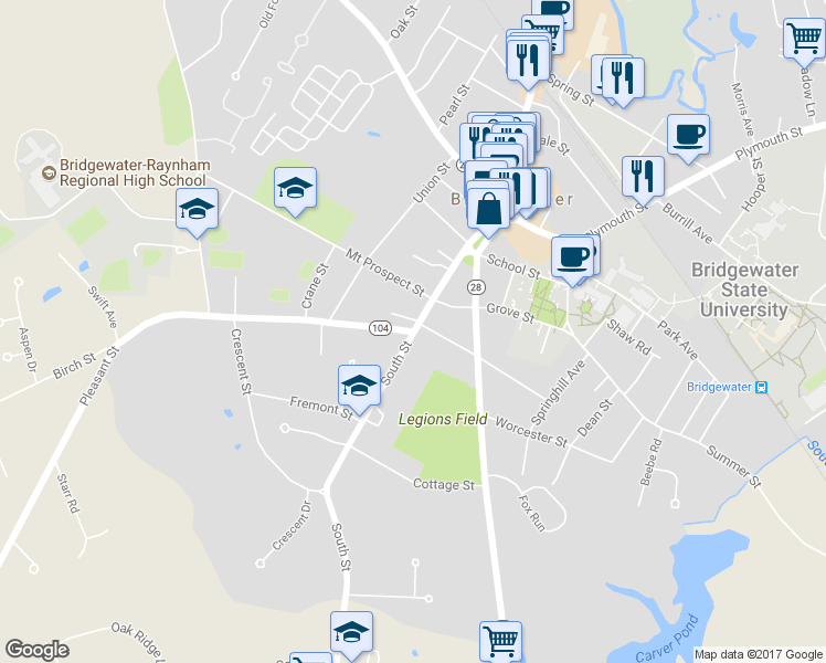 map of restaurants, bars, coffee shops, grocery stores, and more near 0 Pleasant Street in Bridgewater