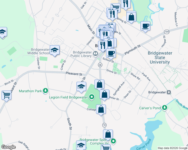 map of restaurants, bars, coffee shops, grocery stores, and more near 30 Maple Avenue in Bridgewater