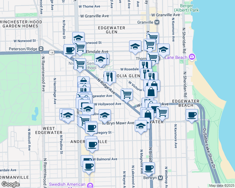 map of restaurants, bars, coffee shops, grocery stores, and more near 5745 North Ridge Avenue in Chicago