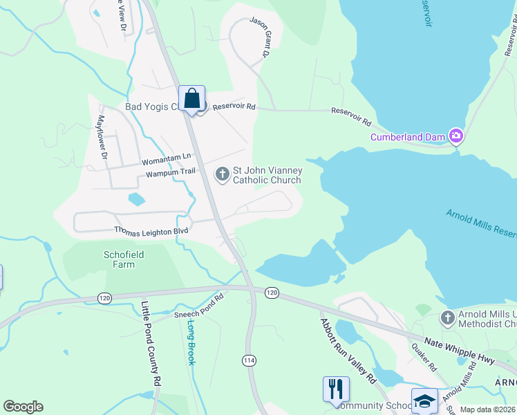 map of restaurants, bars, coffee shops, grocery stores, and more near 14 Metcalf Drive in Cumberland