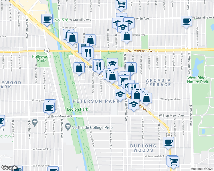 map of restaurants, bars, coffee shops, grocery stores, and more near 5750 North Francisco Avenue in Chicago