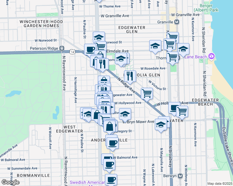 map of restaurants, bars, coffee shops, grocery stores, and more near 1462 West Edgewater Avenue in Chicago