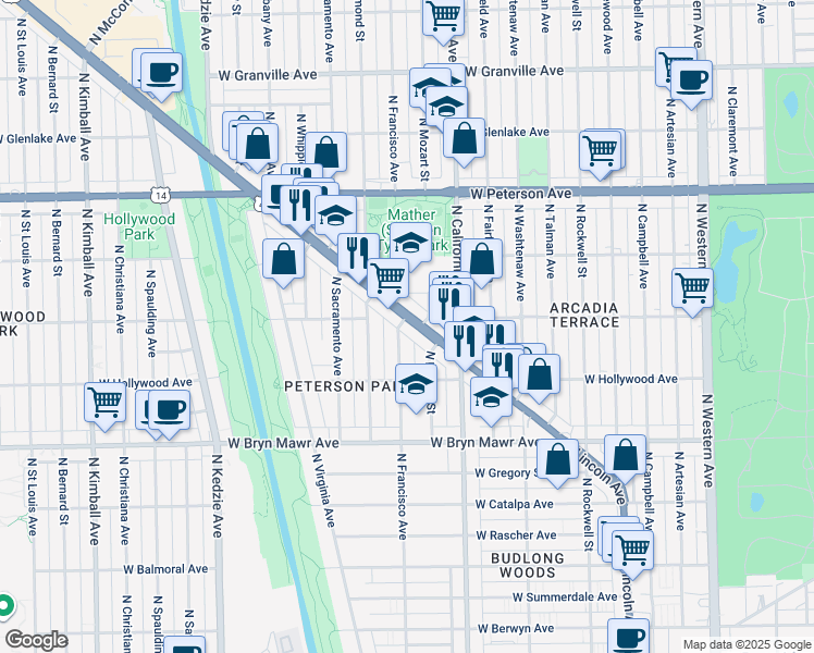 map of restaurants, bars, coffee shops, grocery stores, and more near 5757 North Francisco Avenue in Chicago