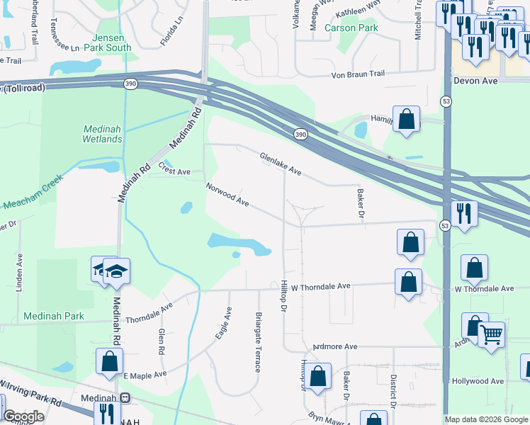 map of restaurants, bars, coffee shops, grocery stores, and more near 1622 Norwood Avenue in Itasca