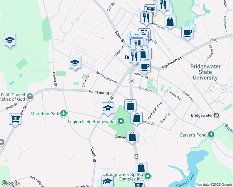 map of restaurants, bars, coffee shops, grocery stores, and more near 104 South Street in Bridgewater
