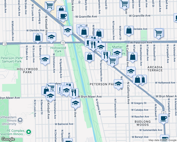 map of restaurants, bars, coffee shops, grocery stores, and more near 5760 North Virginia Avenue in Chicago