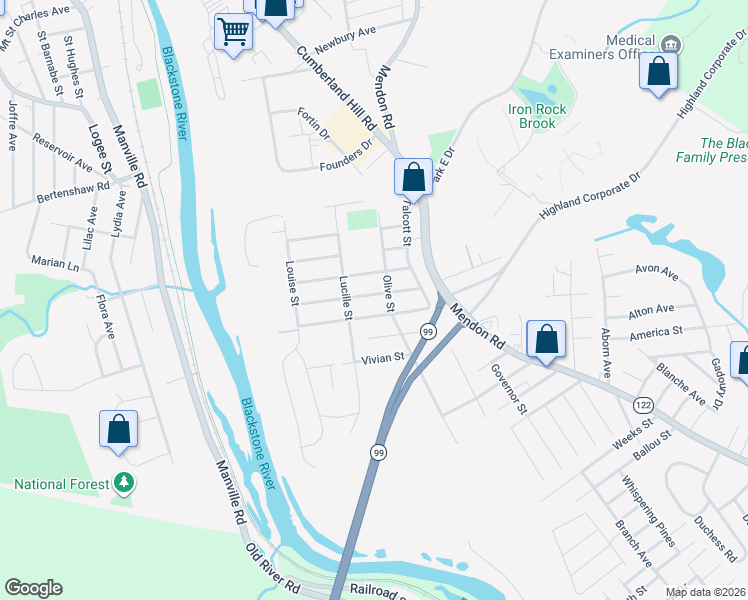 map of restaurants, bars, coffee shops, grocery stores, and more near 110 Burrington Street in Woonsocket