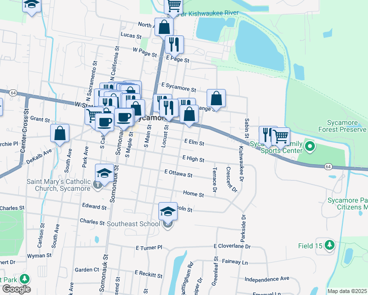 map of restaurants, bars, coffee shops, grocery stores, and more near 212 South Walnut Street in Sycamore