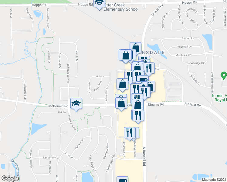 map of restaurants, bars, coffee shops, grocery stores, and more near 349 Robin Glen Lane in South Elgin