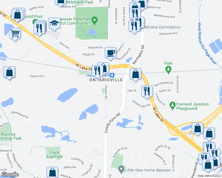 map of restaurants, bars, coffee shops, grocery stores, and more near 1800 Ontarioville Road in Hanover Park