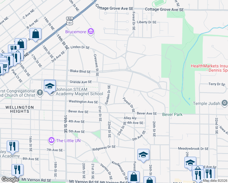 map of restaurants, bars, coffee shops, grocery stores, and more near 348-352 Garden Drive Southeast in Cedar Rapids