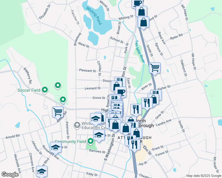 map of restaurants, bars, coffee shops, grocery stores, and more near 65 Broad Street in North Attleborough