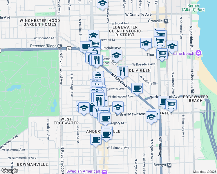 map of restaurants, bars, coffee shops, grocery stores, and more near 1462 West Edgewater Avenue in Chicago