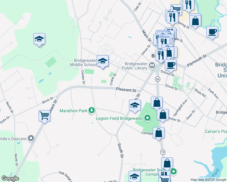 map of restaurants, bars, coffee shops, grocery stores, and more near 104 Pleasant Street in Bridgewater