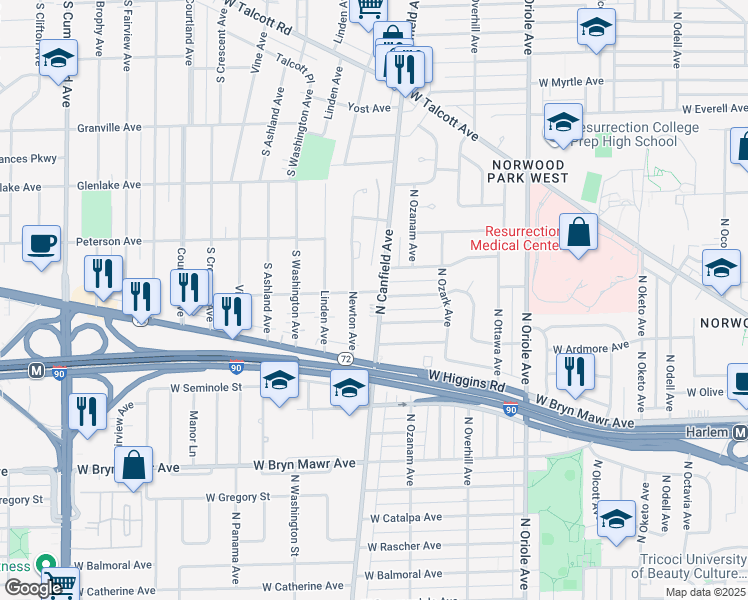 map of restaurants, bars, coffee shops, grocery stores, and more near 1924 Canfield Road in Park Ridge