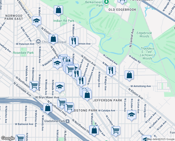 map of restaurants, bars, coffee shops, grocery stores, and more near 5815 North Marmora Avenue in Chicago