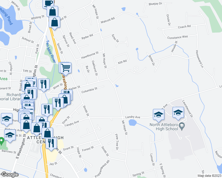 map of restaurants, bars, coffee shops, grocery stores, and more near 101 Columbia Street in North Attleborough