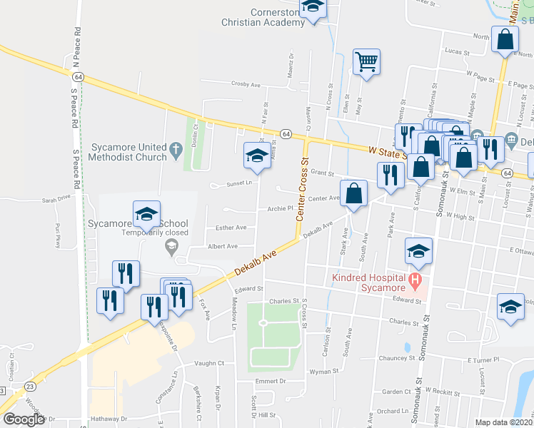 map of restaurants, bars, coffee shops, grocery stores, and more near 650 Archie Place in Sycamore