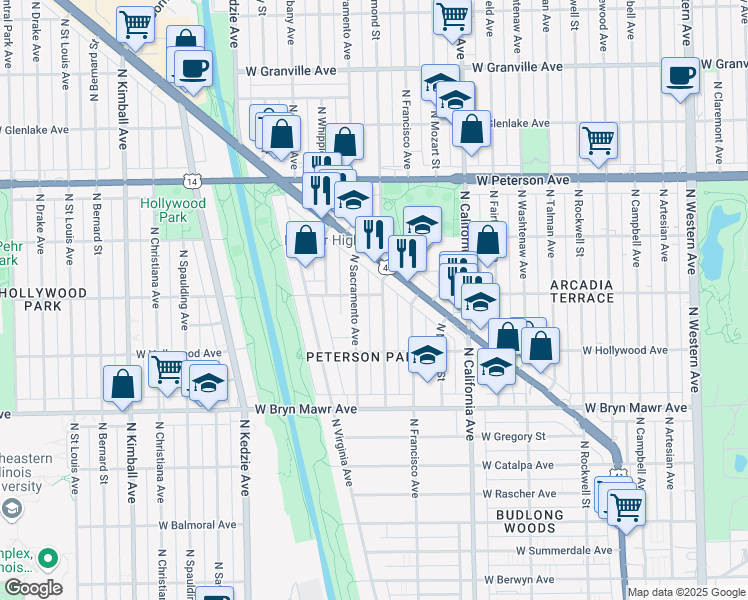 map of restaurants, bars, coffee shops, grocery stores, and more near 29 West Ardmore Avenue in Chicago