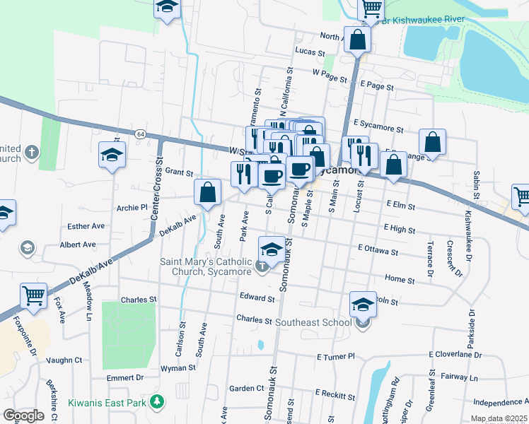 map of restaurants, bars, coffee shops, grocery stores, and more near 303 South California Street in Sycamore