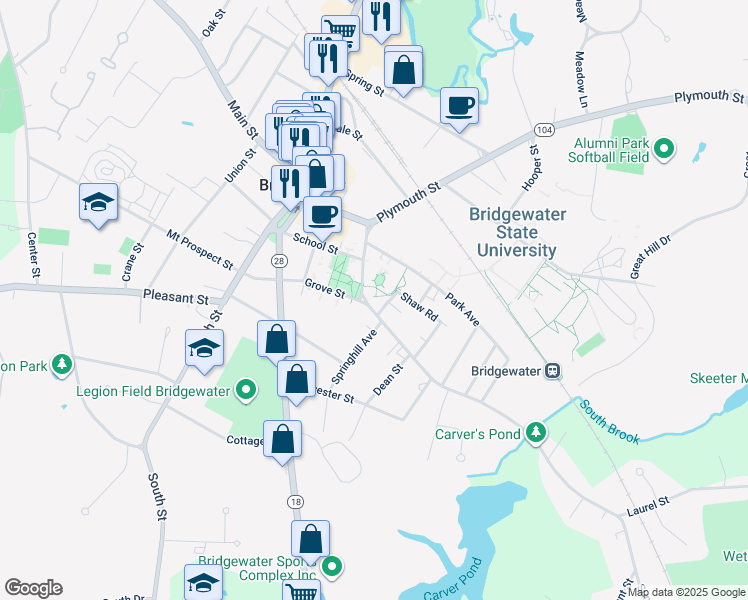 map of restaurants, bars, coffee shops, grocery stores, and more near 2 Park Terrace in Bridgewater