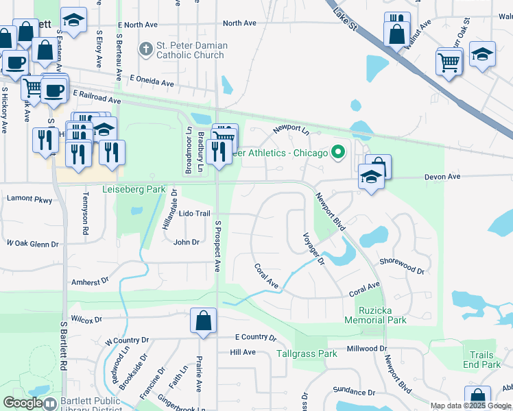 map of restaurants, bars, coffee shops, grocery stores, and more near 652 Coral Avenue in Bartlett