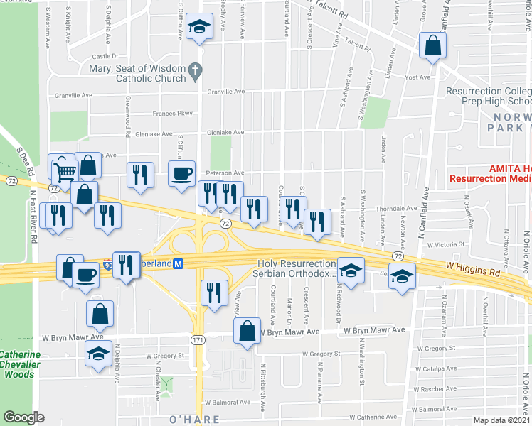 map of restaurants, bars, coffee shops, grocery stores, and more near 1919 South Prospect Avenue in Park Ridge