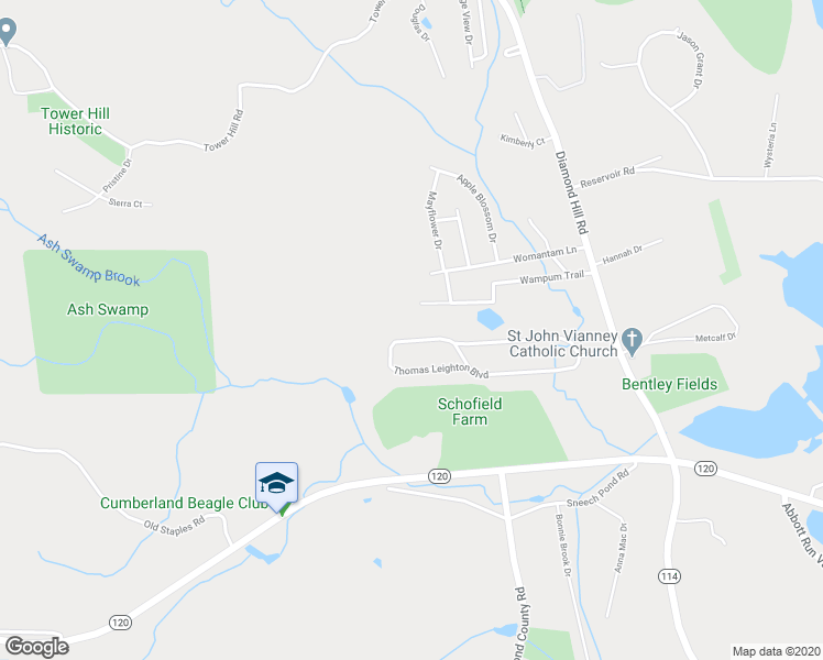 map of restaurants, bars, coffee shops, grocery stores, and more near 105 Thomas Leighton Boulevard in Cumberland