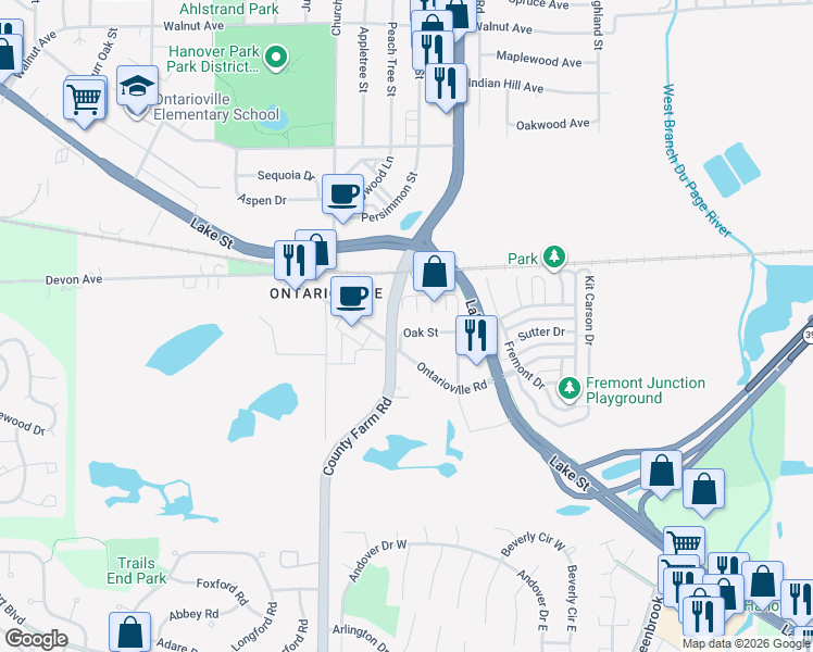map of restaurants, bars, coffee shops, grocery stores, and more near 27W028 Oak Street in Hanover Park