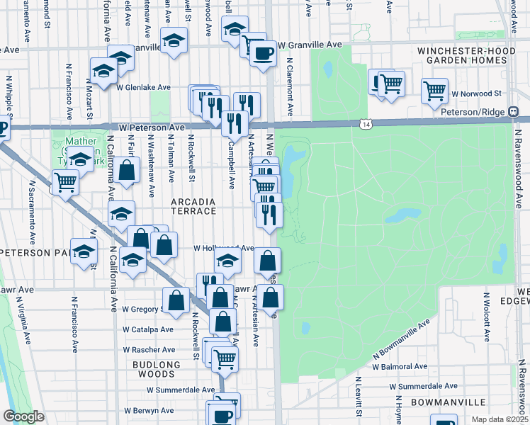 map of restaurants, bars, coffee shops, grocery stores, and more near 2405 West Ardmore Avenue in Chicago