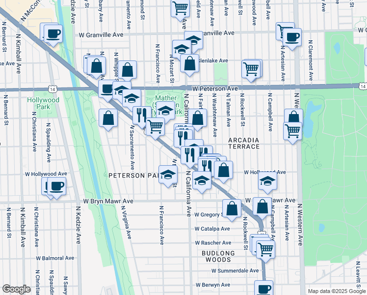 map of restaurants, bars, coffee shops, grocery stores, and more near 5755 North California Avenue in Chicago