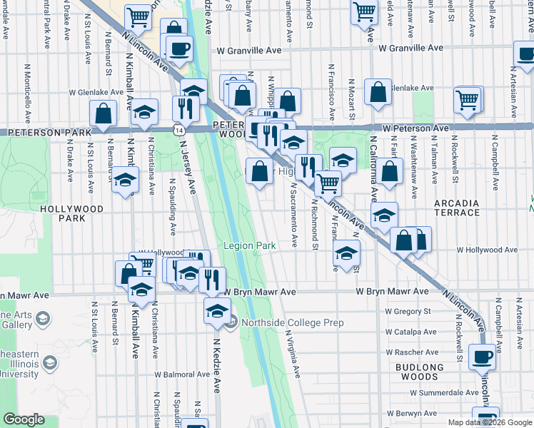 map of restaurants, bars, coffee shops, grocery stores, and more near 5760 North Virginia Avenue in Chicago