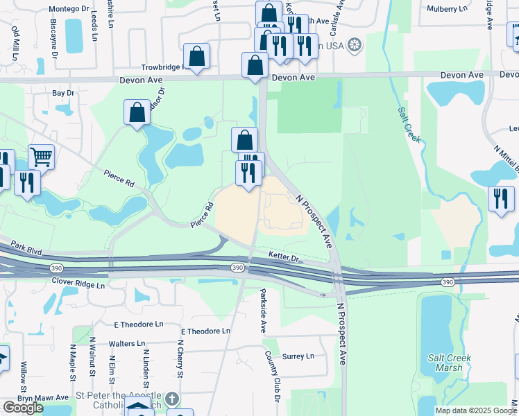 map of restaurants, bars, coffee shops, grocery stores, and more near 1150 North Arlington Heights Road in Itasca