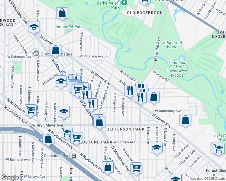 map of restaurants, bars, coffee shops, grocery stores, and more near 5762 North Mango Avenue in Chicago