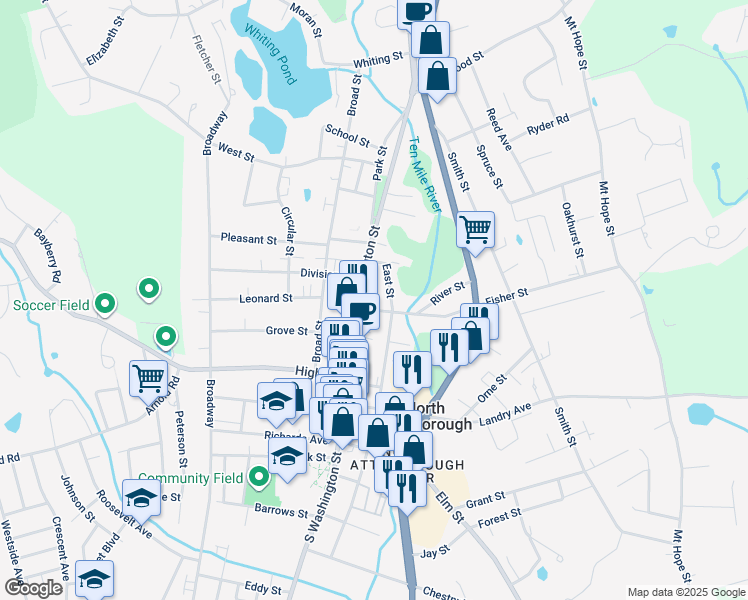 map of restaurants, bars, coffee shops, grocery stores, and more near 167 North Washington Street in North Attleborough