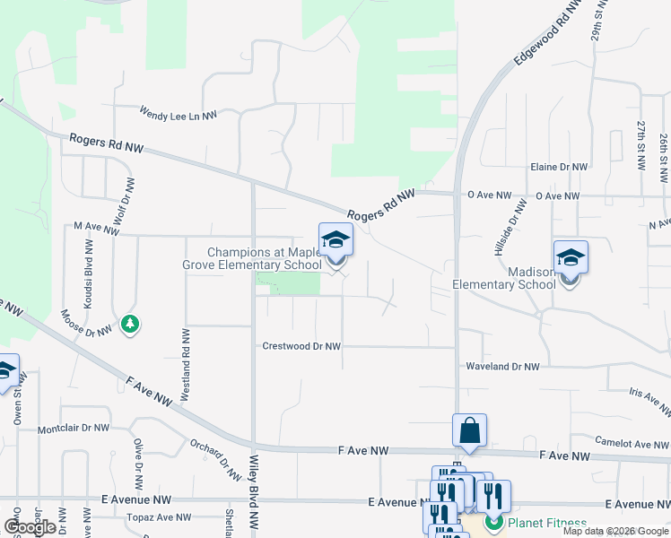 map of restaurants, bars, coffee shops, grocery stores, and more near 1300 38th Street Northwest in Cedar Rapids