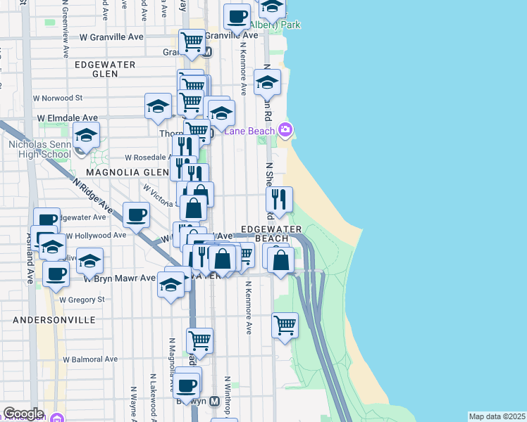 map of restaurants, bars, coffee shops, grocery stores, and more near 5740 North Sheridan Road in Chicago