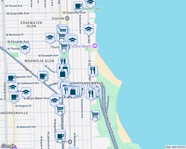 map of restaurants, bars, coffee shops, grocery stores, and more near 5733 North Sheridan Road in Chicago