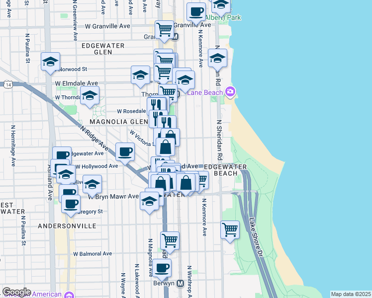map of restaurants, bars, coffee shops, grocery stores, and more near 5730 North Winthrop Avenue in Chicago
